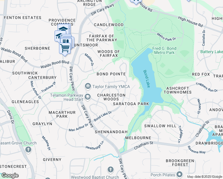 map of restaurants, bars, coffee shops, grocery stores, and more near 110 Minute Man Drive in Cary