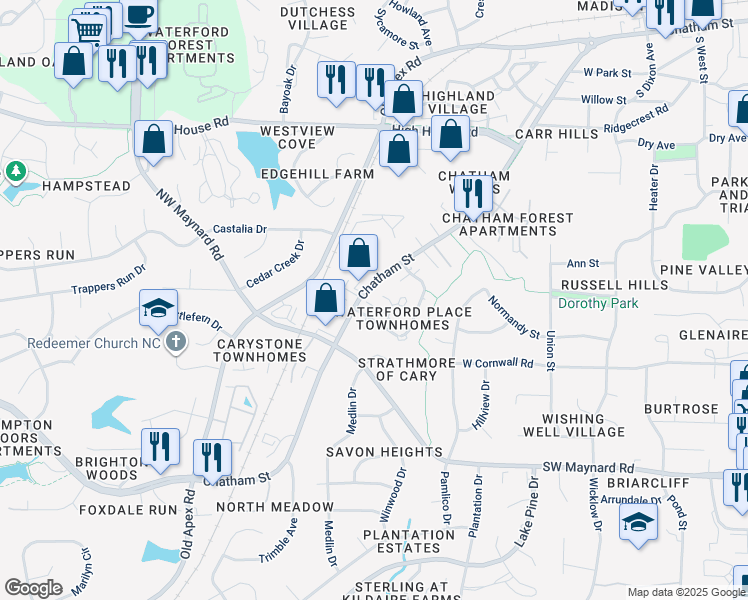 map of restaurants, bars, coffee shops, grocery stores, and more near 118 Granby Court in Cary
