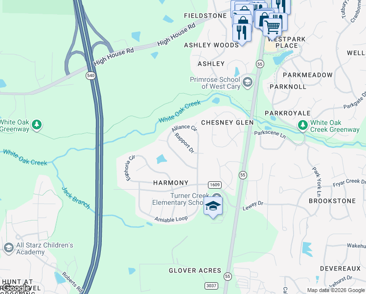map of restaurants, bars, coffee shops, grocery stores, and more near 111 Rapport Drive in Cary