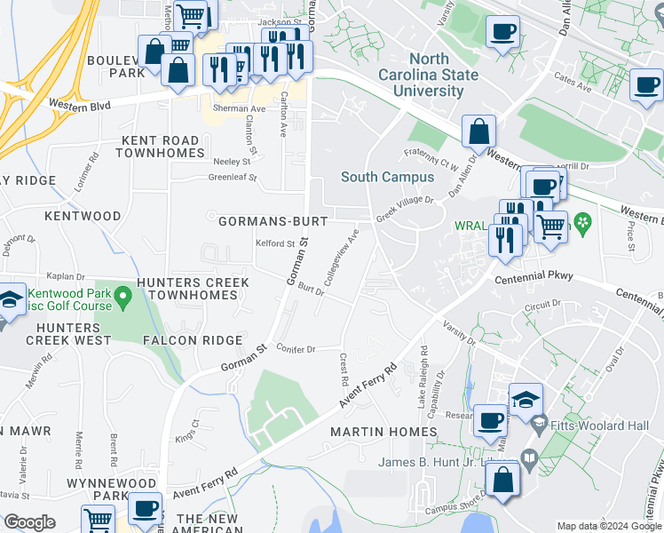 map of restaurants, bars, coffee shops, grocery stores, and more near 1510 Collegeview Avenue in Raleigh