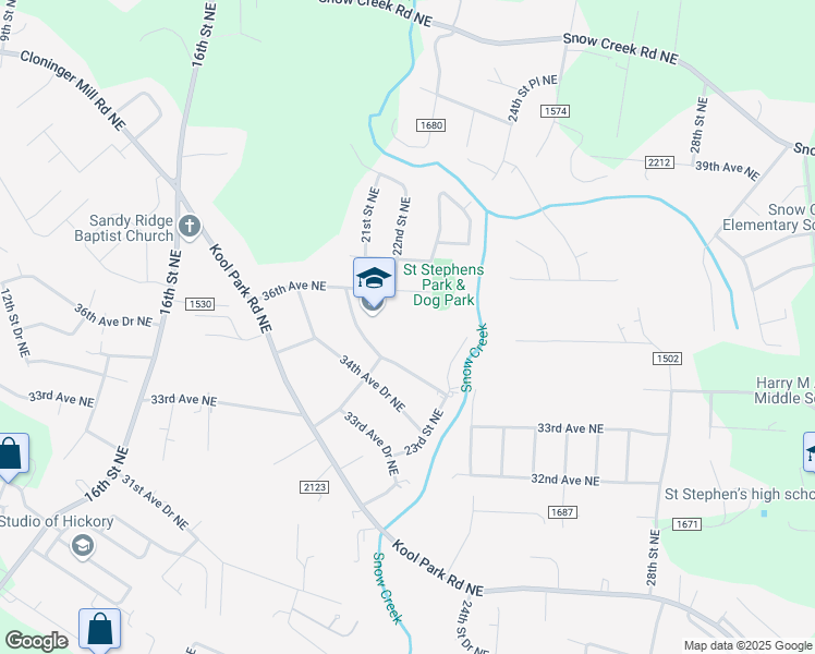 map of restaurants, bars, coffee shops, grocery stores, and more near 2121 35th Avenue Drive Northeast in Hickory
