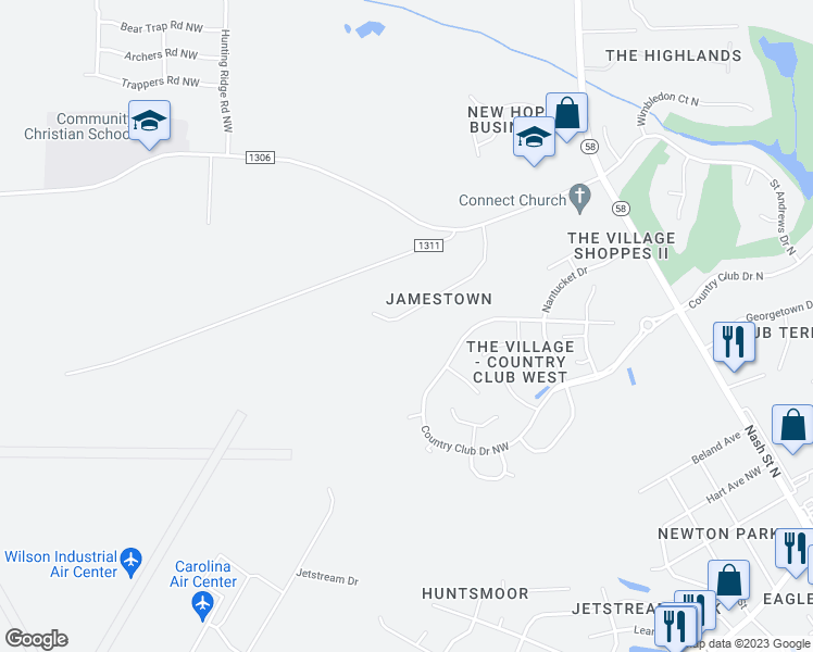 map of restaurants, bars, coffee shops, grocery stores, and more near 4843 Jamestown Drive Northwest in Wilson
