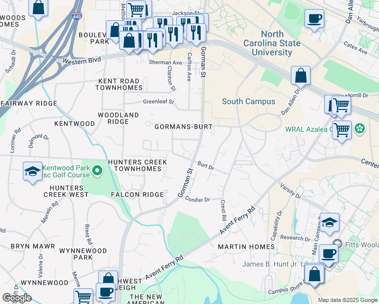 map of restaurants, bars, coffee shops, grocery stores, and more near 3805 Kelford Street in Raleigh