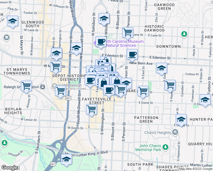 map of restaurants, bars, coffee shops, grocery stores, and more near 112 East Hargett Street in Raleigh