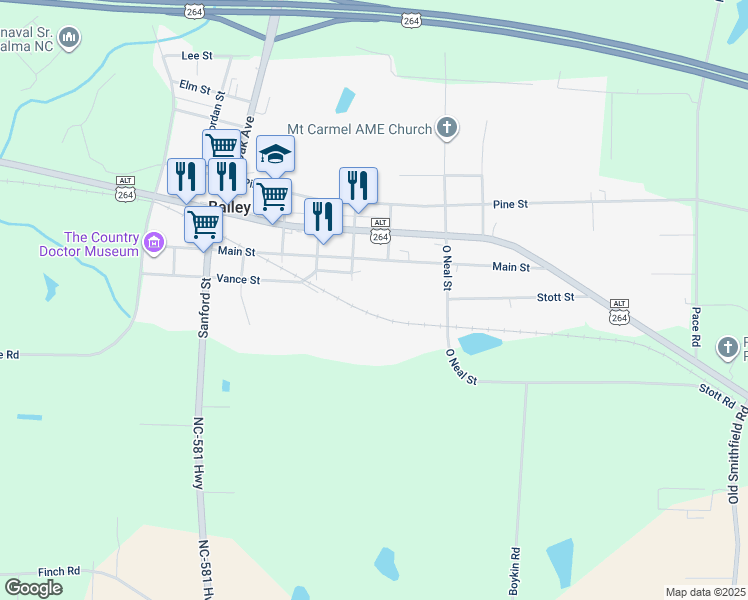 map of restaurants, bars, coffee shops, grocery stores, and more near Nash Street in Bailey