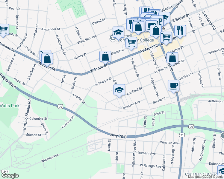 map of restaurants, bars, coffee shops, grocery stores, and more near 627 West Sharpe Street in Statesville