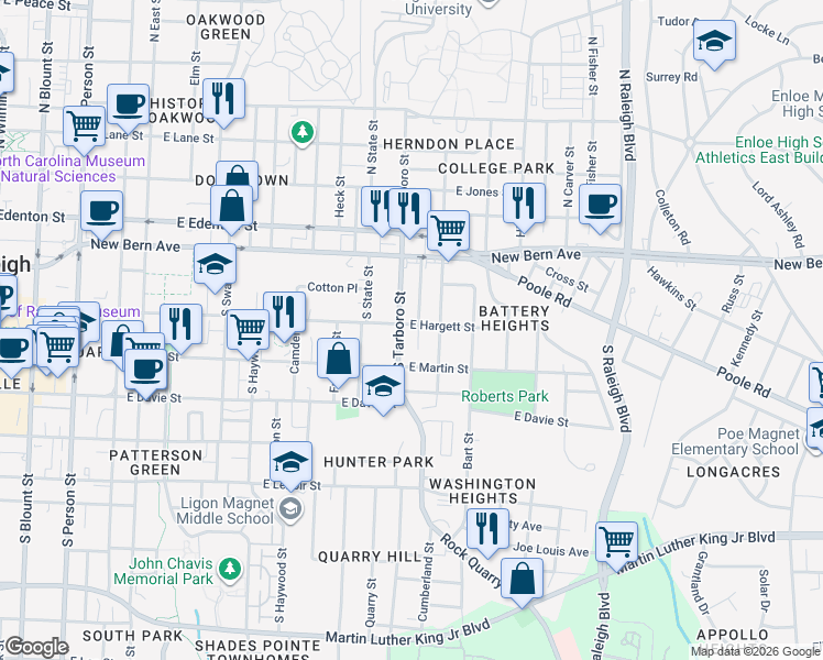 map of restaurants, bars, coffee shops, grocery stores, and more near 125 South Tarboro Street in Raleigh