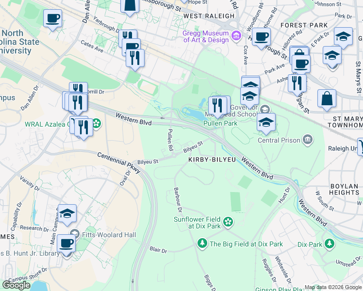 map of restaurants, bars, coffee shops, grocery stores, and more near 600 Bilyeu Street in Raleigh