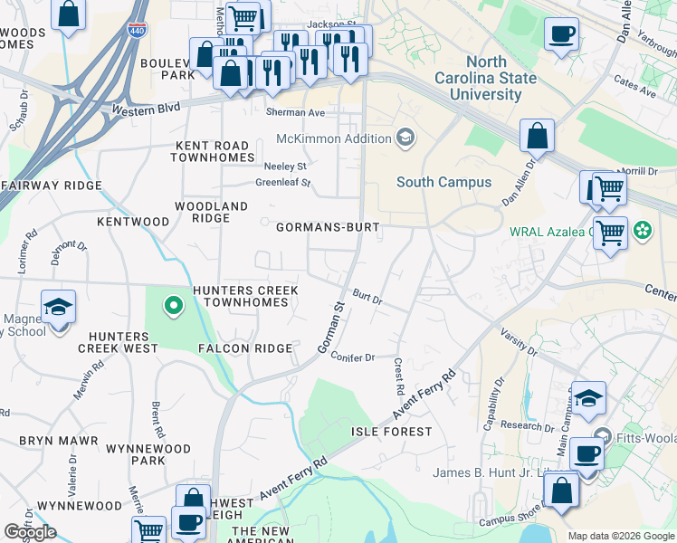 map of restaurants, bars, coffee shops, grocery stores, and more near 3805 Kelford Street in Raleigh