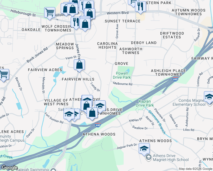 map of restaurants, bars, coffee shops, grocery stores, and more near 900 Ravenwood Drive in Raleigh