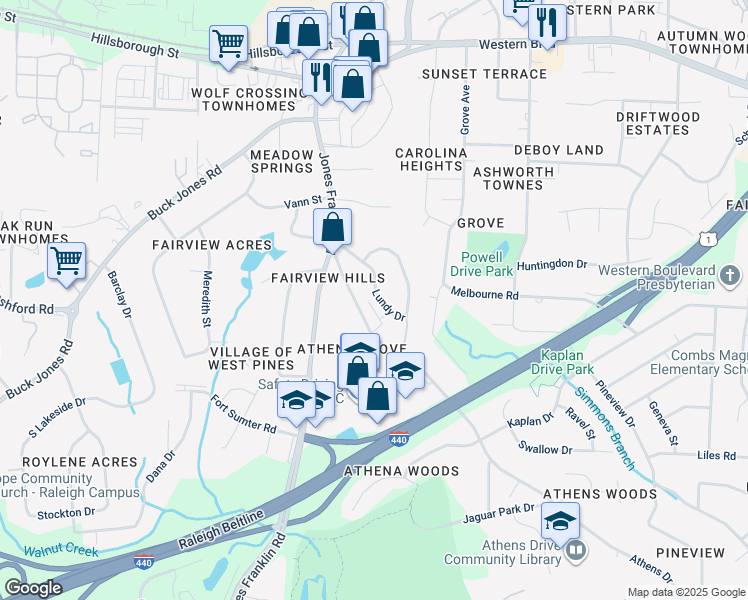 map of restaurants, bars, coffee shops, grocery stores, and more near 831 Athens Drive in Raleigh