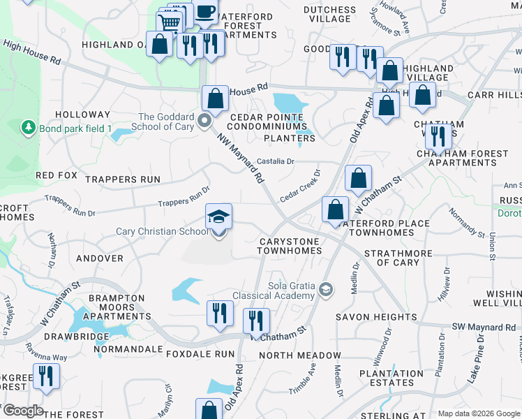 map of restaurants, bars, coffee shops, grocery stores, and more near 106 Honeysuckle Lane in Cary