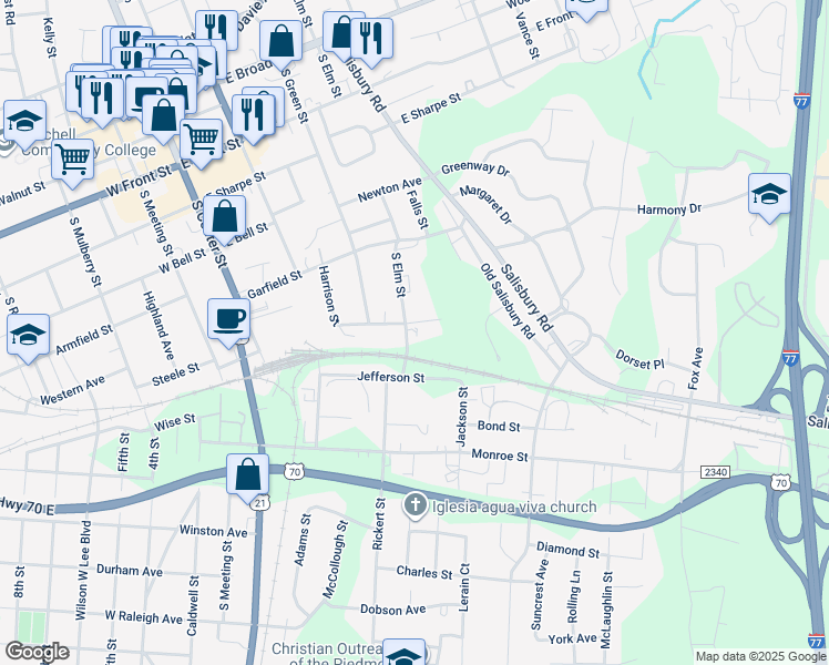 map of restaurants, bars, coffee shops, grocery stores, and more near 401 Chambers Street in Statesville