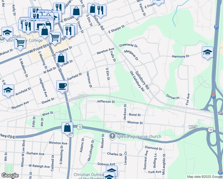 map of restaurants, bars, coffee shops, grocery stores, and more near 401 Chambers Street in Statesville