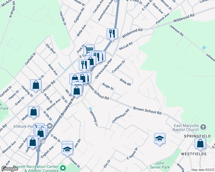 map of restaurants, bars, coffee shops, grocery stores, and more near 301 Bogle Street in Maryville