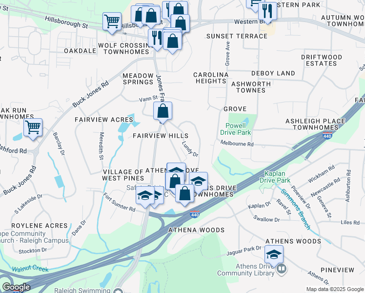 map of restaurants, bars, coffee shops, grocery stores, and more near 831 Athens Drive in Raleigh