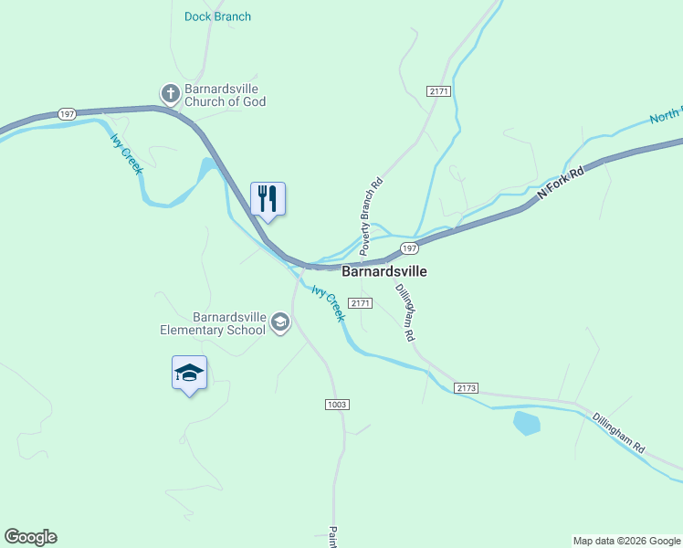 map of restaurants, bars, coffee shops, grocery stores, and more near 2 Poverty Branch Road in Barnardsville