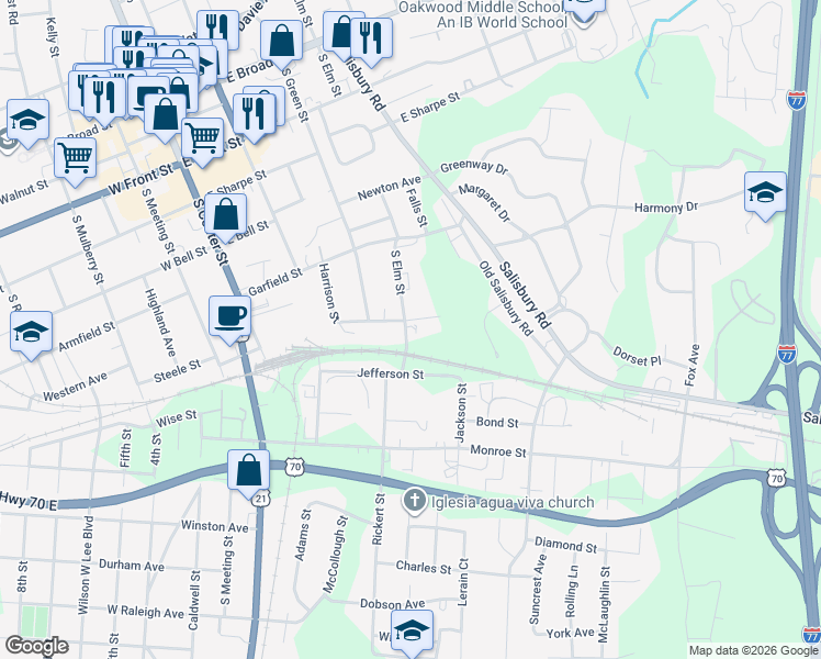 map of restaurants, bars, coffee shops, grocery stores, and more near 401 Chambers Street in Statesville