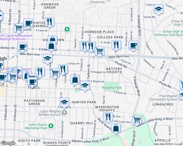 map of restaurants, bars, coffee shops, grocery stores, and more near 125 South Tarboro Street in Raleigh
