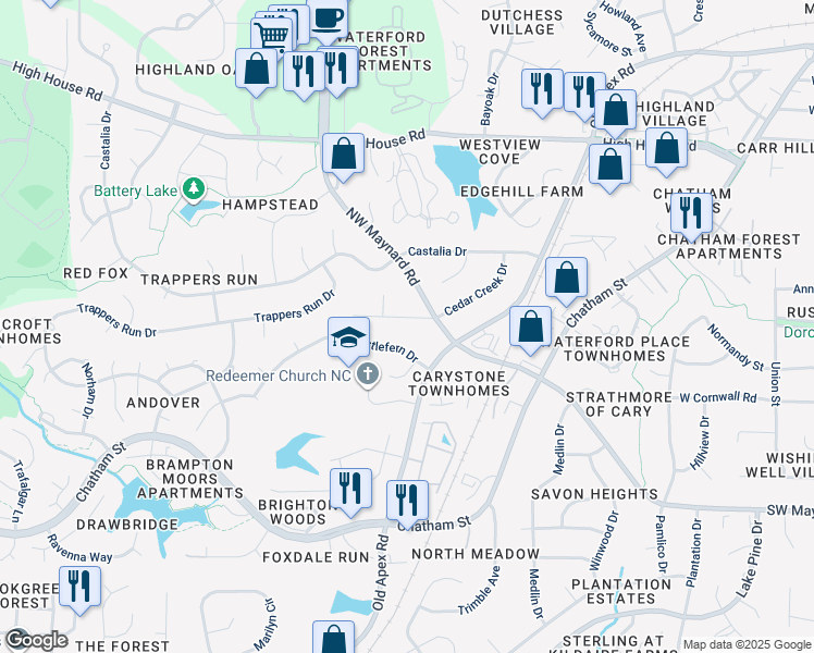 map of restaurants, bars, coffee shops, grocery stores, and more near 107 Honeysuckle Lane in Cary