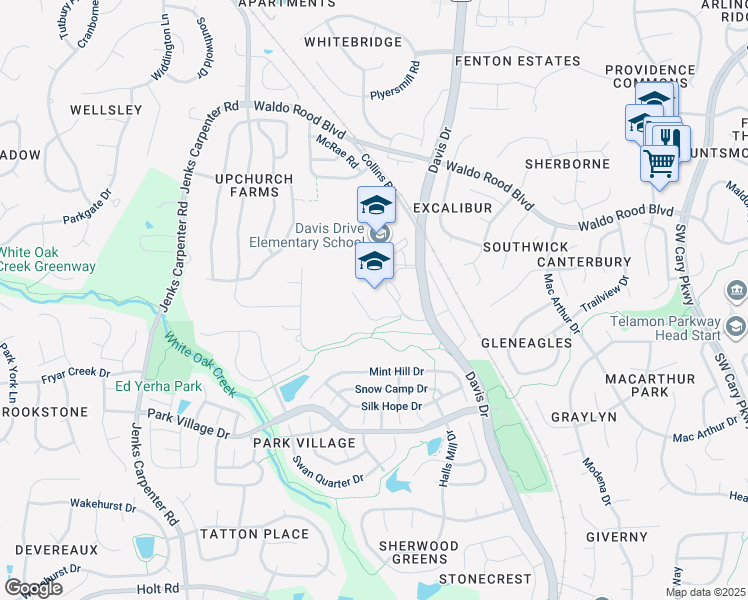 map of restaurants, bars, coffee shops, grocery stores, and more near 2101 Davis Drive in Cary