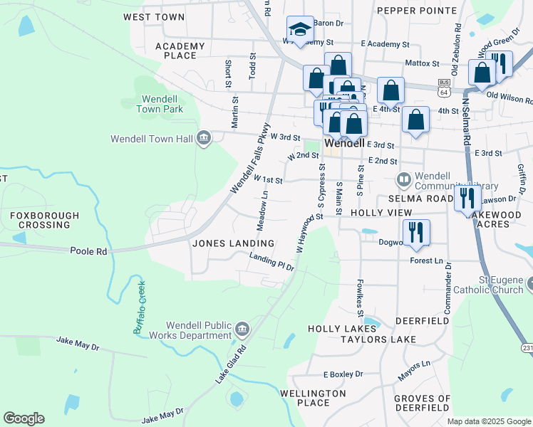 map of restaurants, bars, coffee shops, grocery stores, and more near 4 East Maggie Court in Wendell