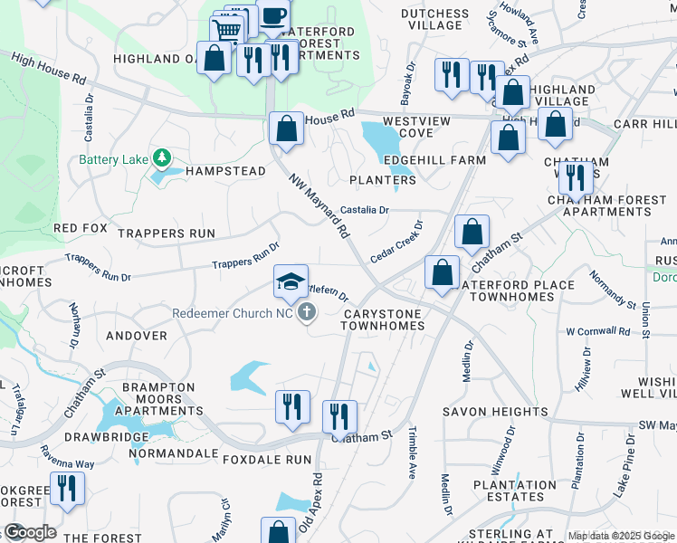 map of restaurants, bars, coffee shops, grocery stores, and more near 107 Honeysuckle Lane in Cary