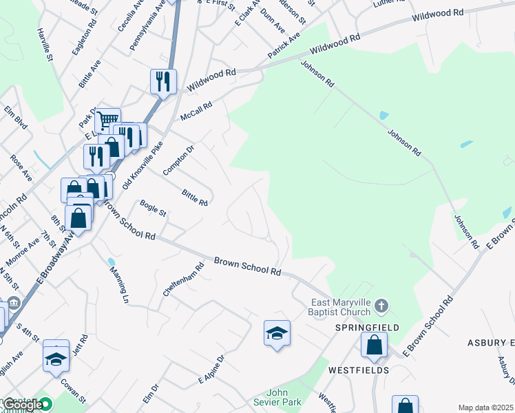 map of restaurants, bars, coffee shops, grocery stores, and more near 2732 Barsha Fields Lane in Maryville