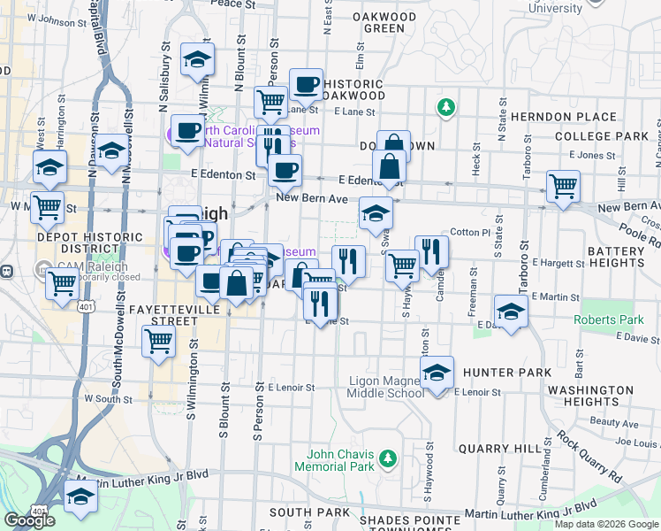 map of restaurants, bars, coffee shops, grocery stores, and more near in Raleigh