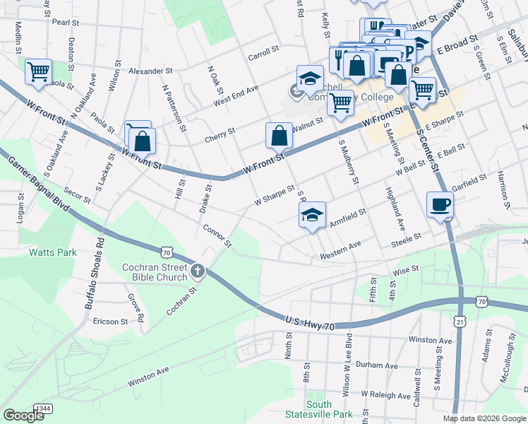 map of restaurants, bars, coffee shops, grocery stores, and more near 324 South Oak Street in Statesville