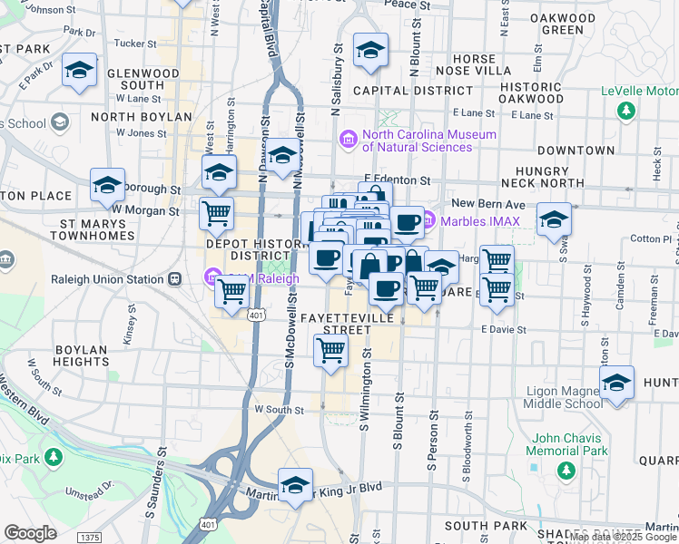map of restaurants, bars, coffee shops, grocery stores, and more near 207 Fayetteville Street in Raleigh