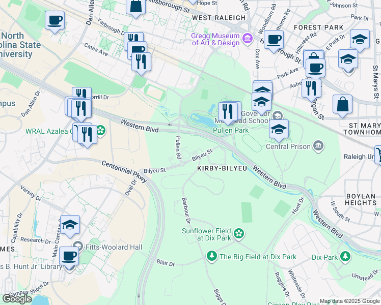map of restaurants, bars, coffee shops, grocery stores, and more near 600 Bilyeu Street in Raleigh