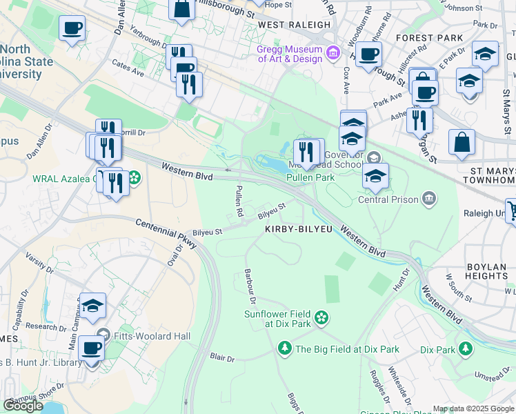 map of restaurants, bars, coffee shops, grocery stores, and more near 600 Bilyeu Street in Raleigh