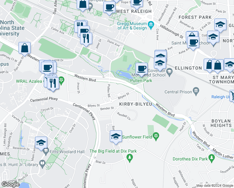 map of restaurants, bars, coffee shops, grocery stores, and more near 600 Bilyeu Street in Raleigh