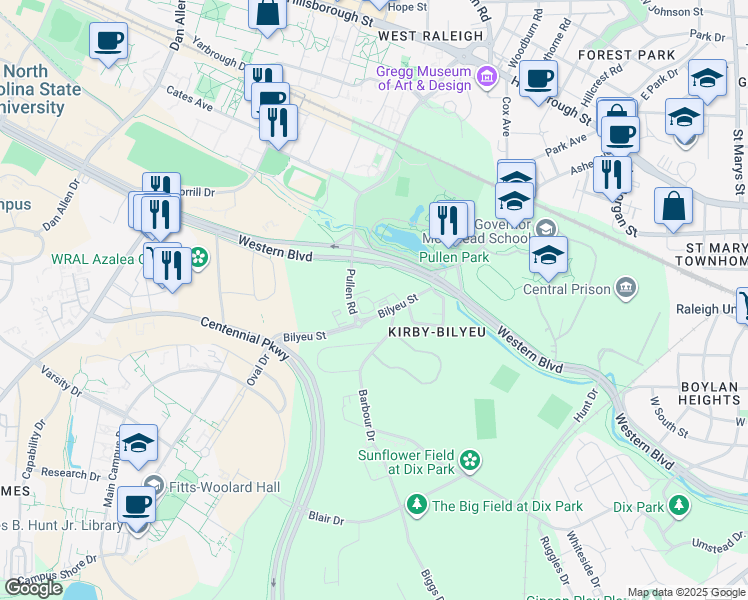 map of restaurants, bars, coffee shops, grocery stores, and more near 600 Bilyeu Street in Raleigh