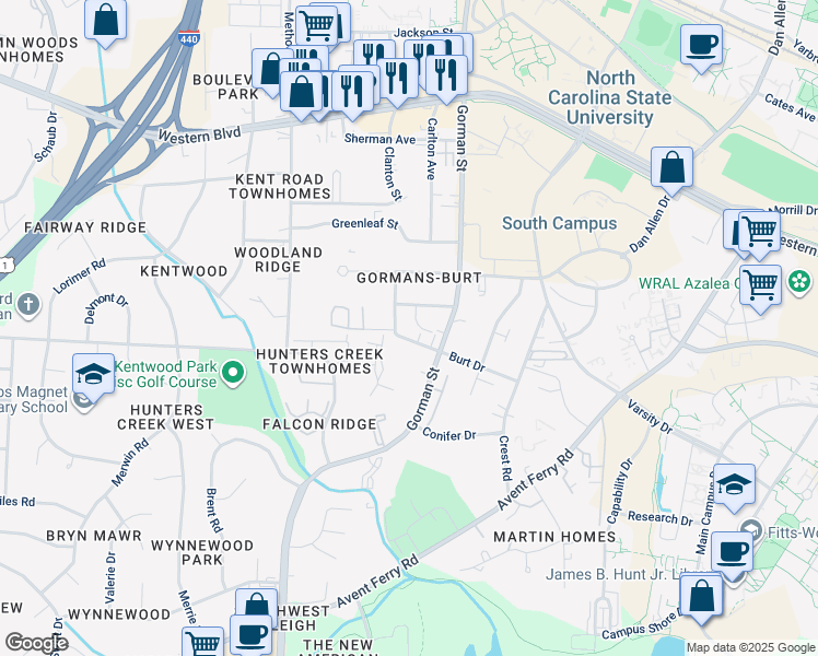 map of restaurants, bars, coffee shops, grocery stores, and more near 3805 Kelford Street in Raleigh