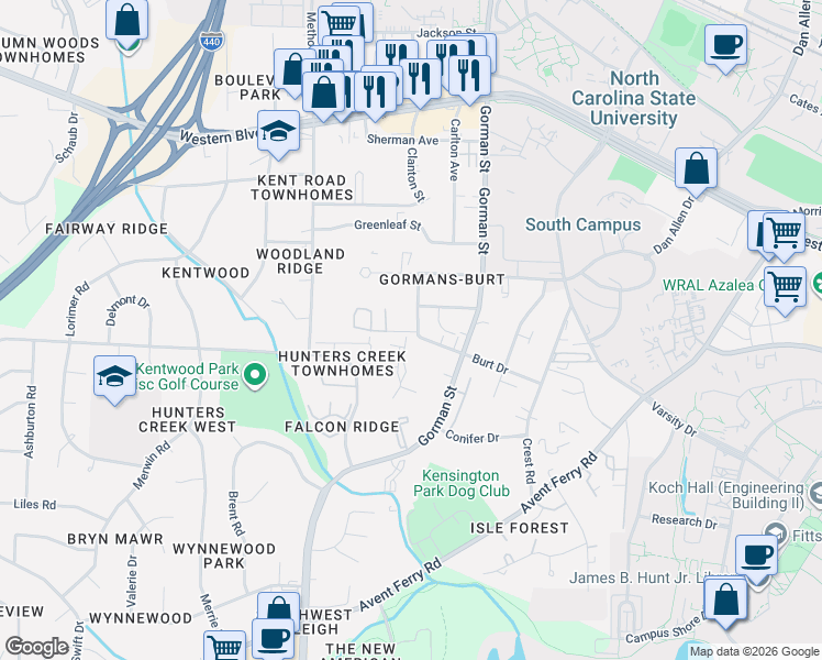 map of restaurants, bars, coffee shops, grocery stores, and more near 3800 Sperry Land Court in Raleigh