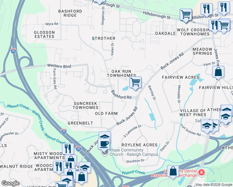 map of restaurants, bars, coffee shops, grocery stores, and more near 659 Bashford Road in Raleigh