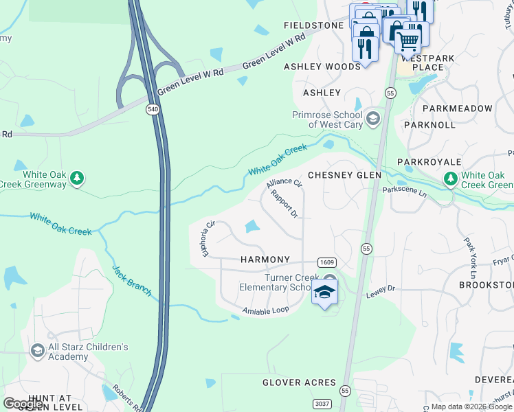 map of restaurants, bars, coffee shops, grocery stores, and more near 102 Stanza Court in Cary