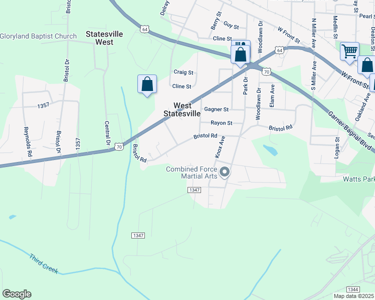 map of restaurants, bars, coffee shops, grocery stores, and more near 2129 Bristol Road in Statesville