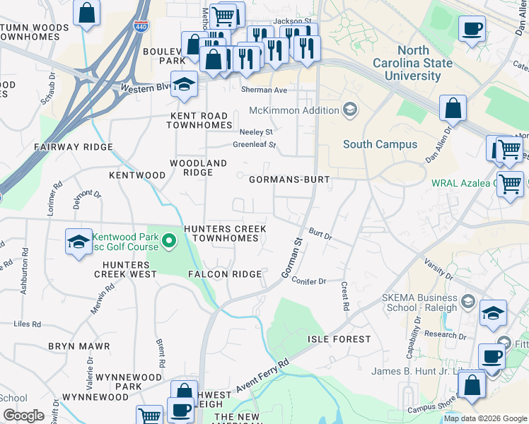 map of restaurants, bars, coffee shops, grocery stores, and more near 3833 Kelford Street in Raleigh