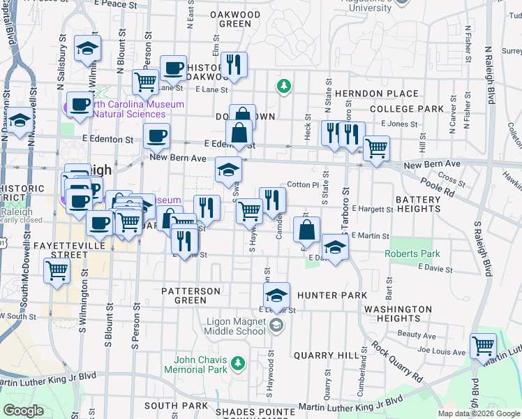 map of restaurants, bars, coffee shops, grocery stores, and more near 715 East Hargett Street in Raleigh