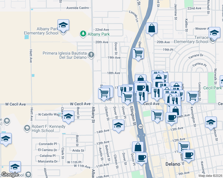 map of restaurants, bars, coffee shops, grocery stores, and more near Clinton Street in Delano