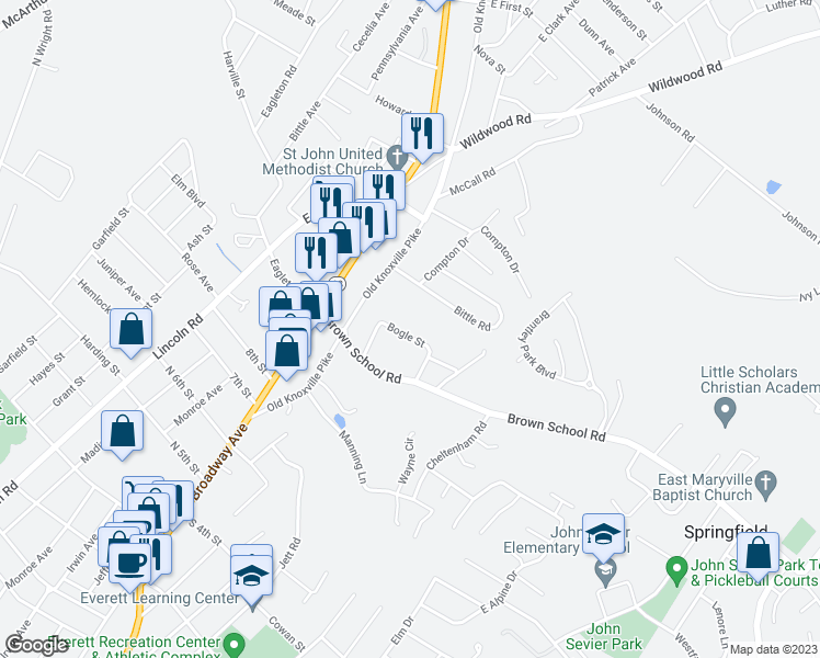 map of restaurants, bars, coffee shops, grocery stores, and more near 324 Bogle Street in Maryville