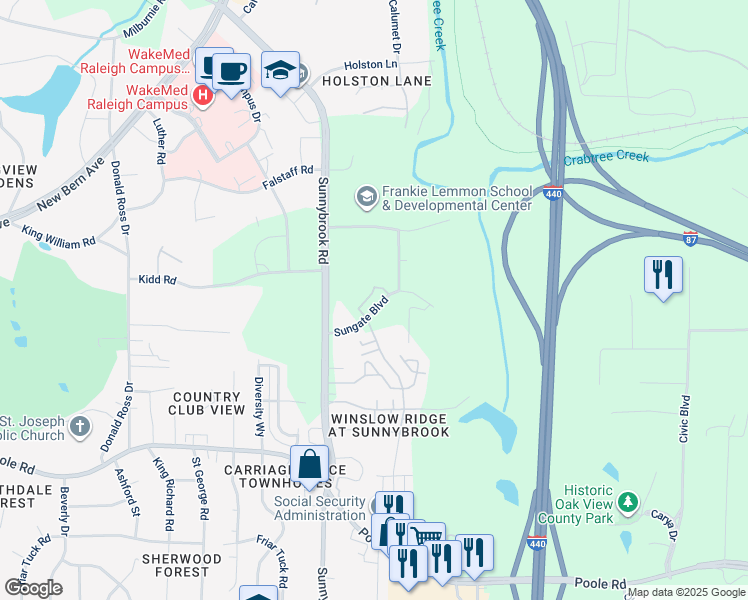 map of restaurants, bars, coffee shops, grocery stores, and more near 231 Allen Grove Court in Raleigh