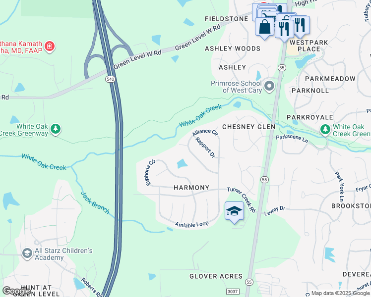 map of restaurants, bars, coffee shops, grocery stores, and more near 102 Stanza Court in Cary