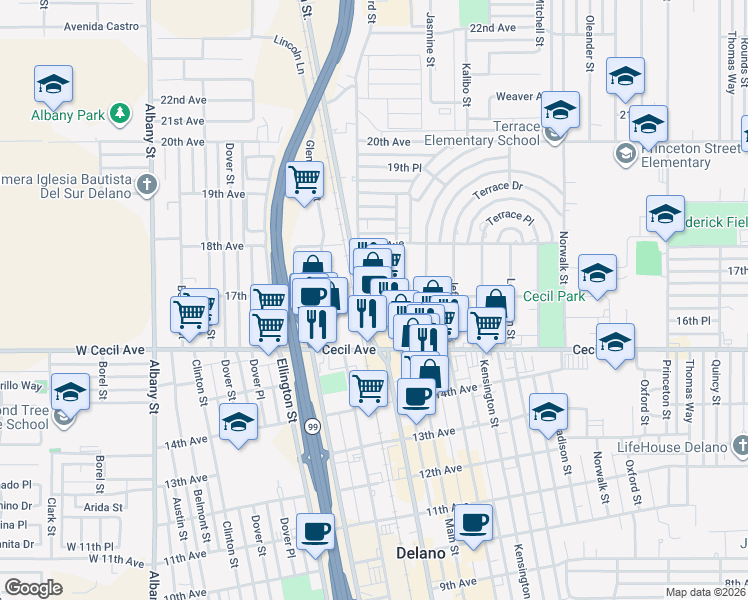 map of restaurants, bars, coffee shops, grocery stores, and more near 1706 High Street in Delano