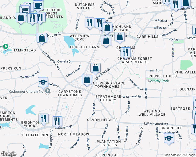 map of restaurants, bars, coffee shops, grocery stores, and more near 118 Granby Court in Cary