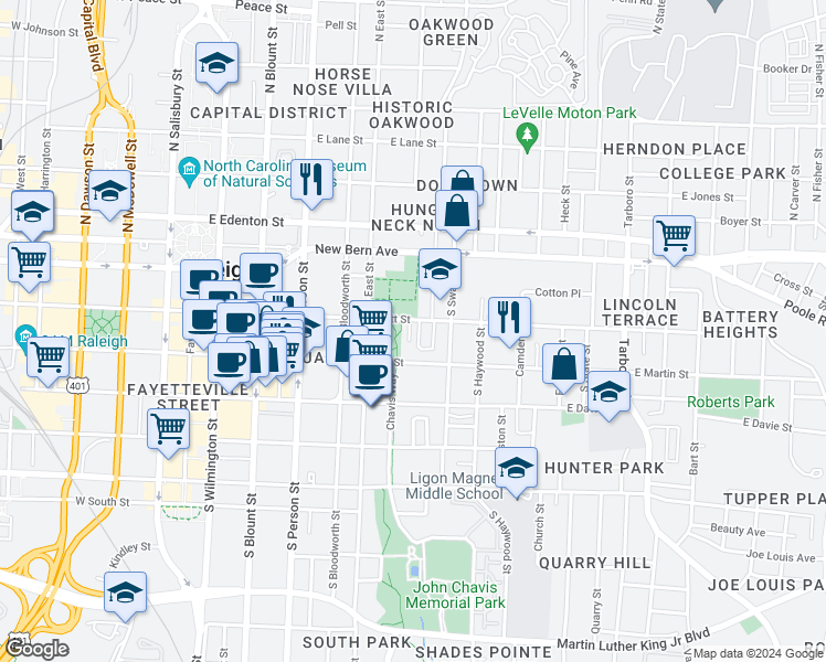 map of restaurants, bars, coffee shops, grocery stores, and more near 211 Woodsborough Place in Raleigh