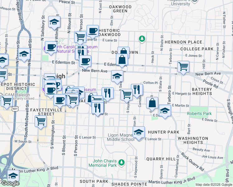 map of restaurants, bars, coffee shops, grocery stores, and more near 551 East Hargett Street in Raleigh